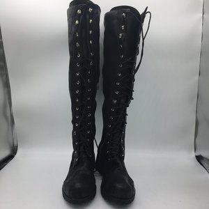 Black Knee High Boots Chunky Low Heels Lace-up Winter Boots Shoes